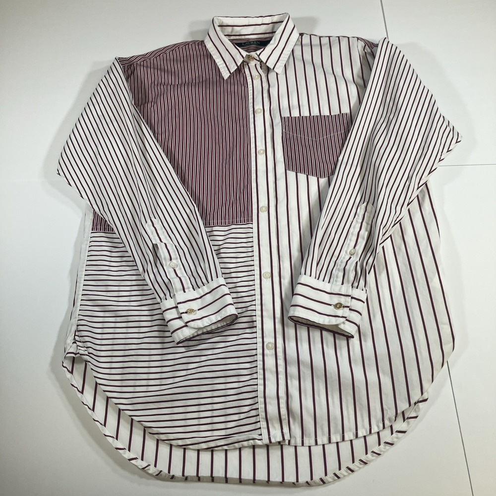 Lauren Ralph Lauren Red Striped Patchwork Long Sleeve Blouse Shirt Womens Medium - Picture 3 of 16